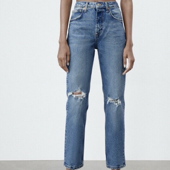 Zara Slim Fit High Waist Rise Ripped Distressed Jeans Light Blue - Picture 2 of 10
